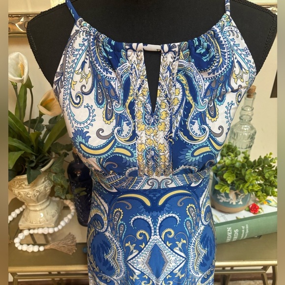 INC HALTER STYLE BLUE PAISLEY SILVER BEADING EMPIRE WAIST MAXI DRESS SZ XS - Picture 3 of 11